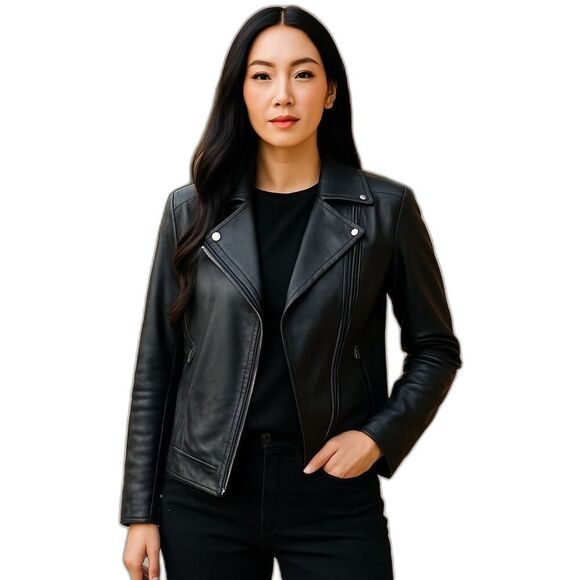 Old Navy Woman's Medium Black Faux Leather Biker Jacket Lined Zipper Pockets - Picture 1 of 15